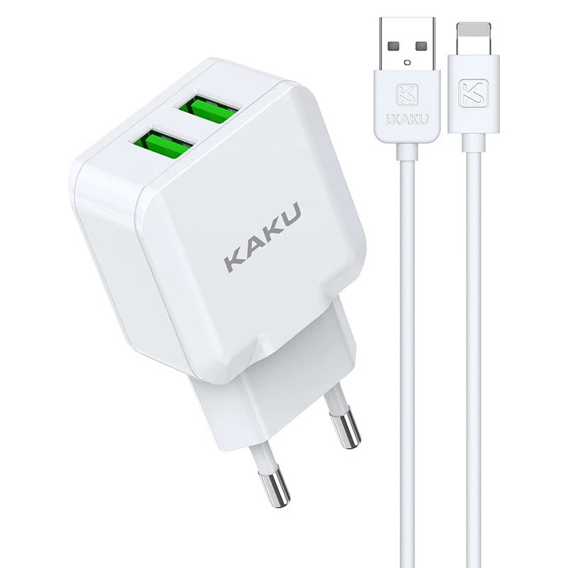 chargeur-kaku-2-usb-pour-iphone-blanc-ksc-78.jpg chargeur auto KAKU 2 USB iPhone vue de face