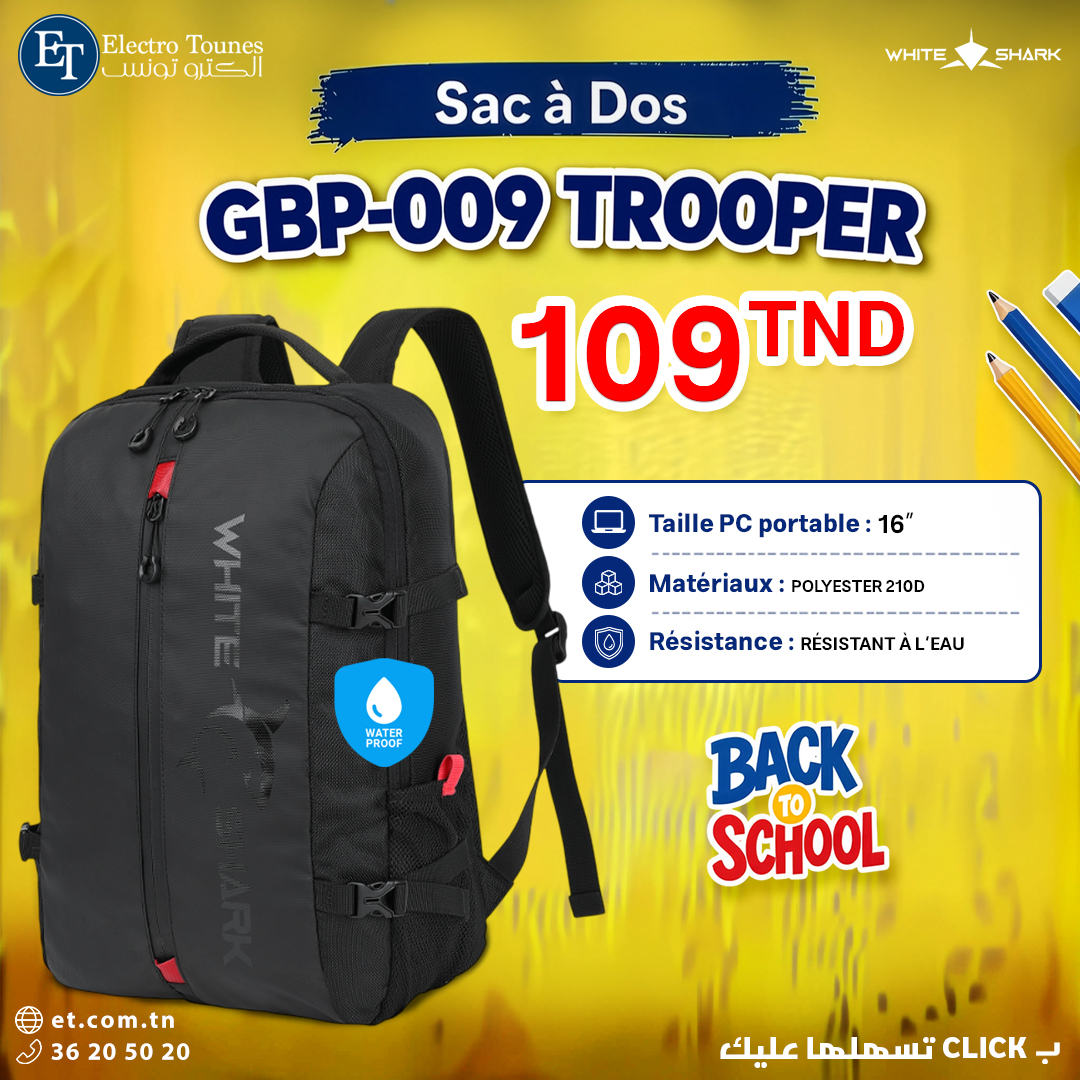 Sac_a_Dos_WHITE_SHARK_GBP-009_TROOPER_16_Noir Sac a Dos WHITE SHARK GBP-009 TROOPER 16" Noir – Image 1